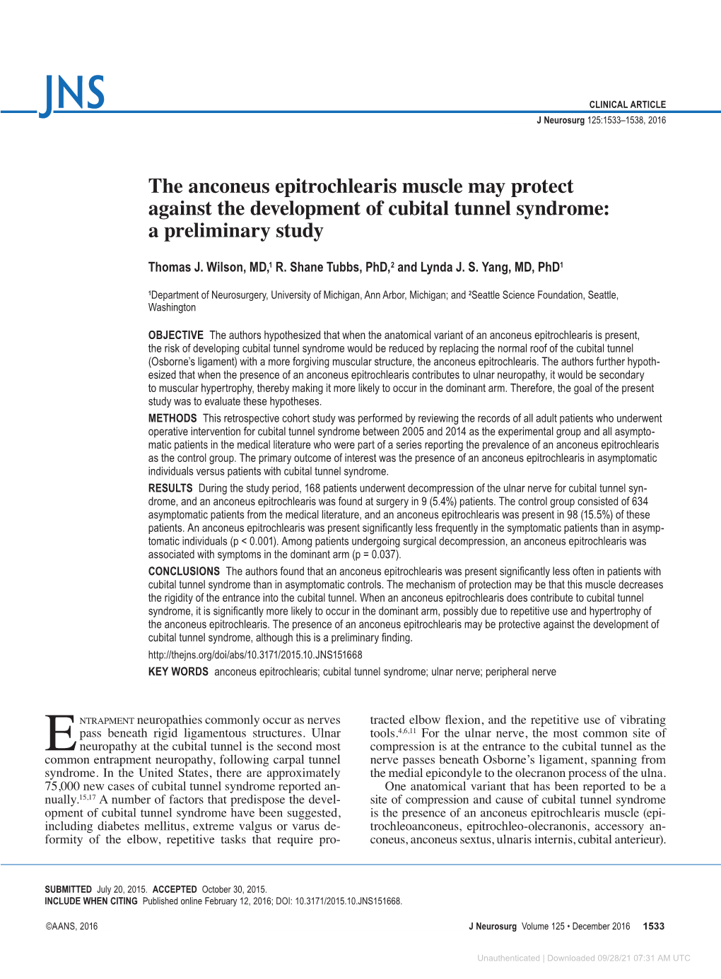 The Anconeus Epitrochlearis Muscle May Protect Against the Development of Cubital Tunnel Syndrome: a Preliminary Study