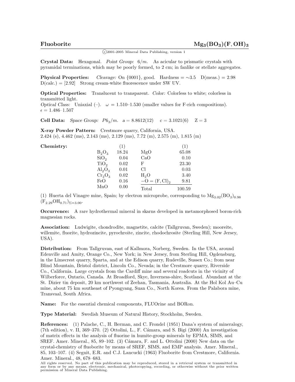 Fluoborite Mg3(BO3)(F, OH)3 C 2001-2005 Mineral Data Publishing, Version 1