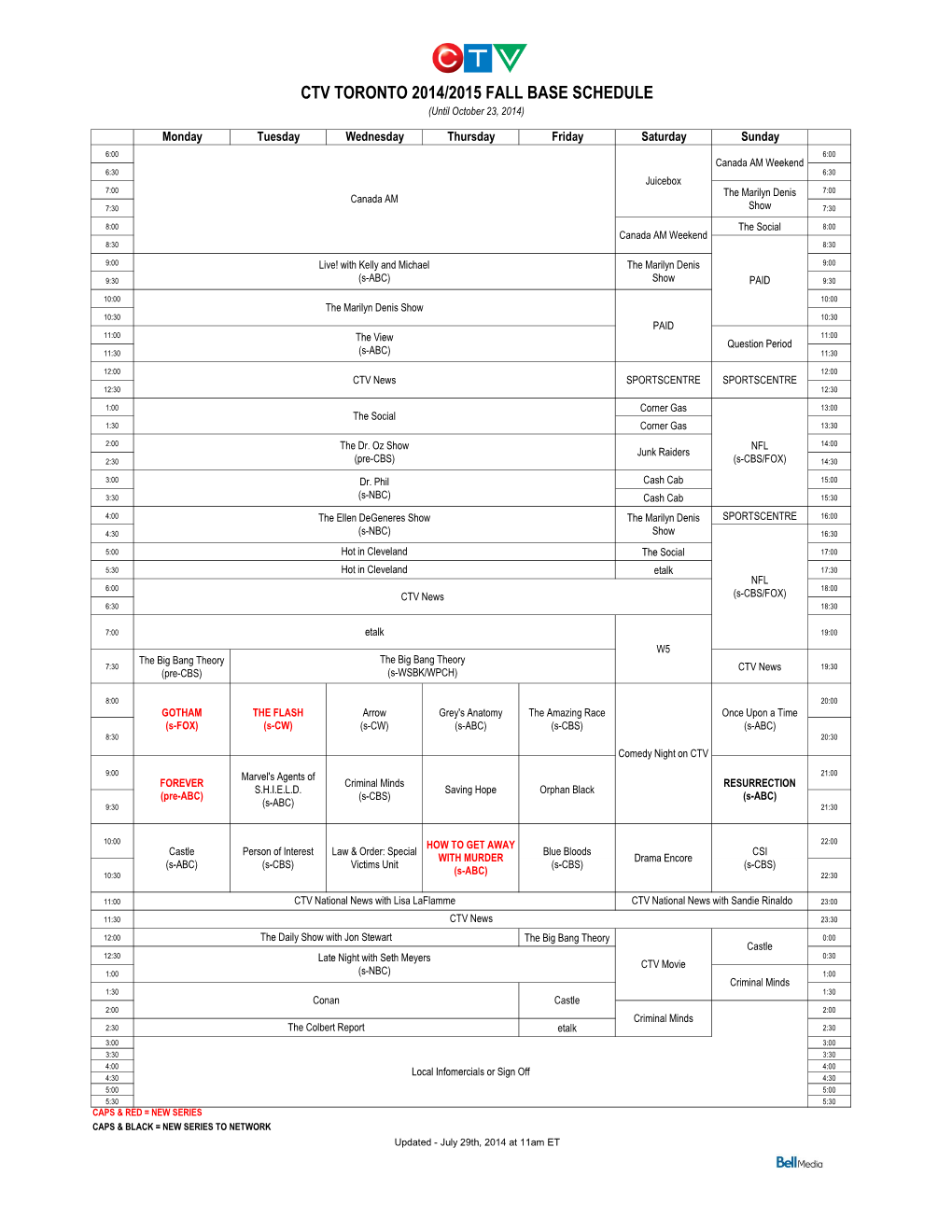 CTV TORONTO 2014/2015 FALL BASE SCHEDULE (Until October 23, 2014)