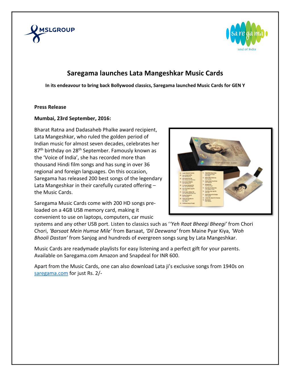 Saregama Launches Lata Mangeshkar Music Cards