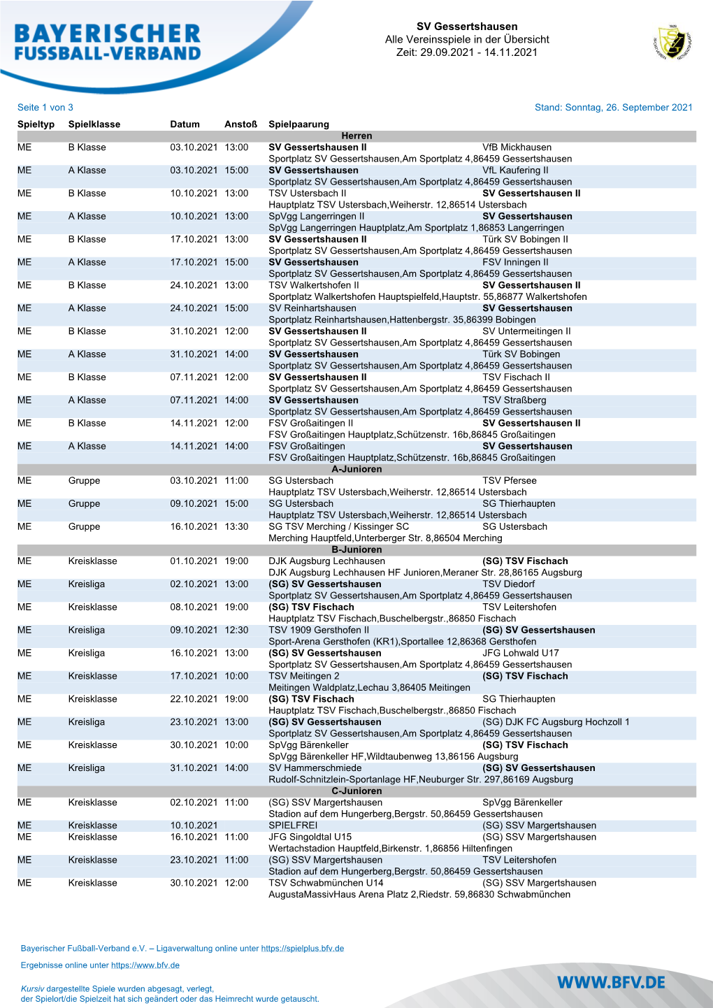 SV Gessertshausen Alle Vereinsspiele in Der Übersicht Zeit: 29.09.2021 - 14.11.2021