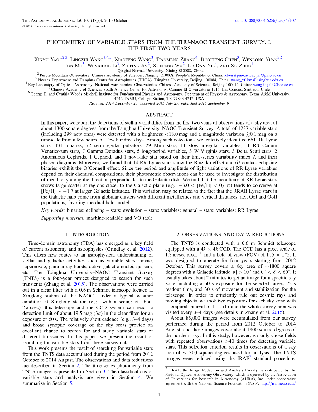 Photometry of Variable Stars from the Thu-Naoc Transient Survey