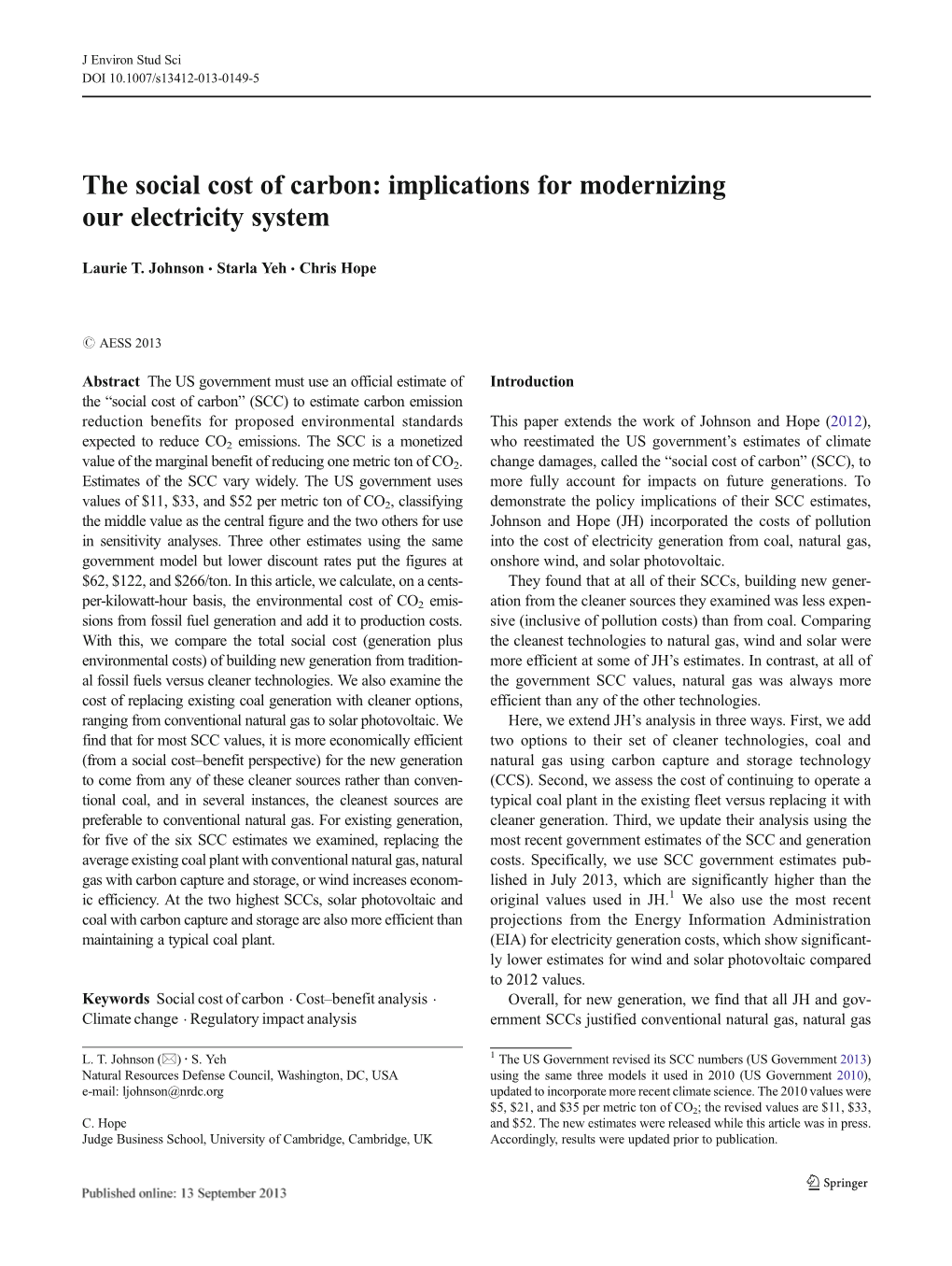 The Social Cost of Carbon: Implications for Modernizing Our Electricity System