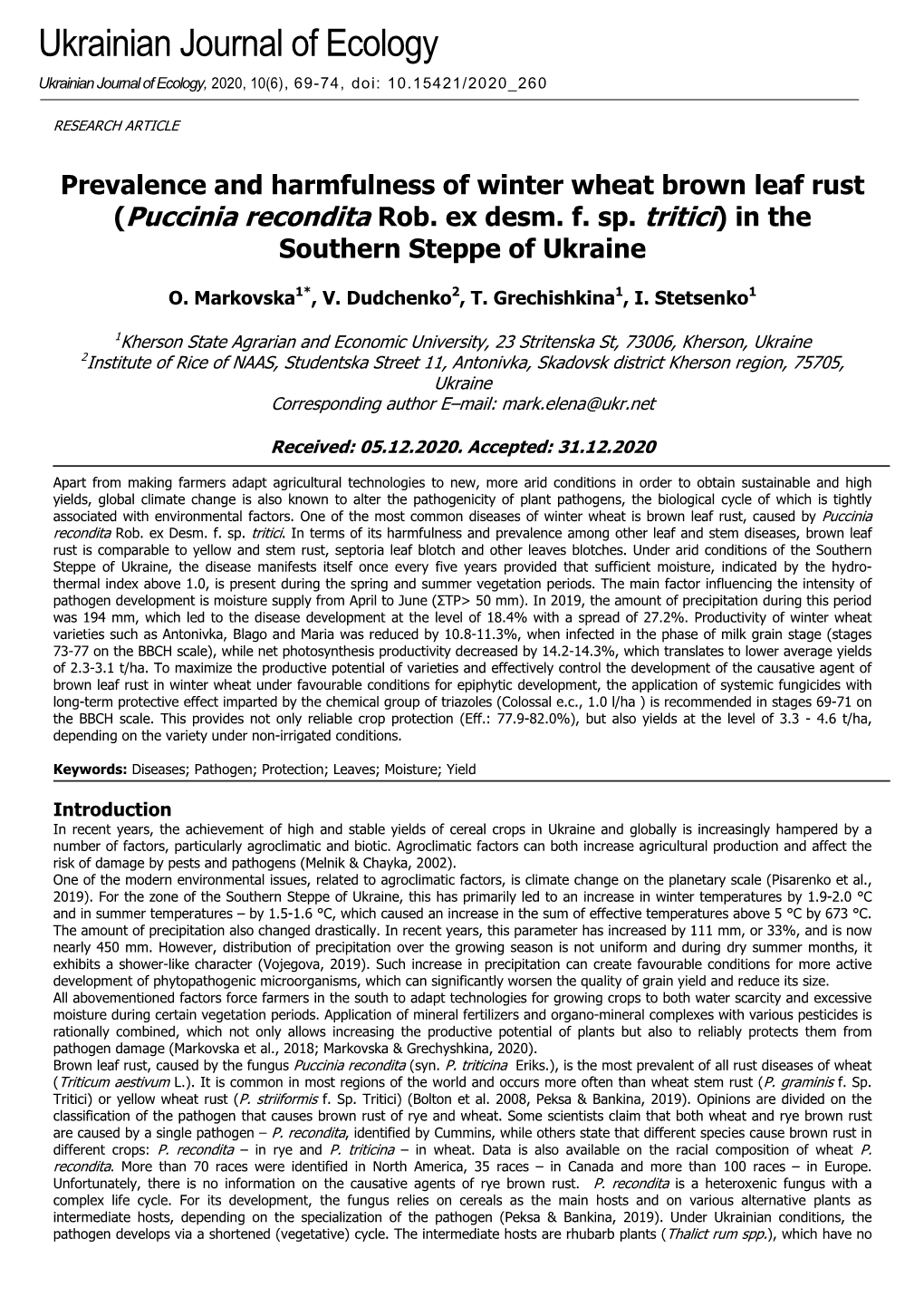 Puccinia Recondita Rob. Ex Desm. F. Sp. Tritici) in the Southern Steppe of Ukraine