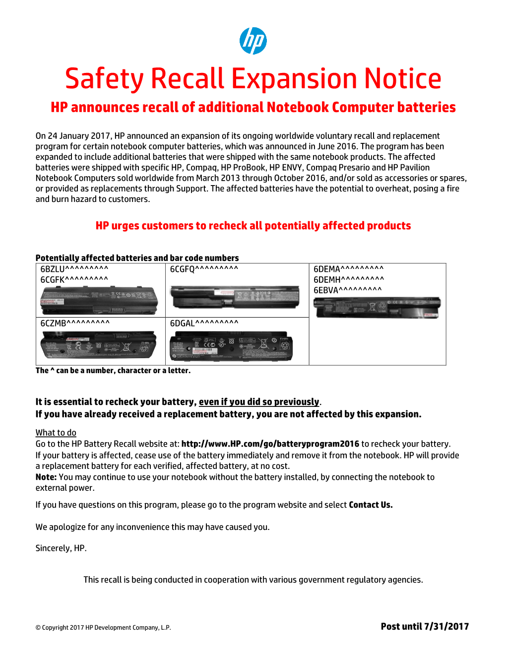 Safety Recall Expansion Notice HP Announces Recall of Additional Notebook Computer Batteries