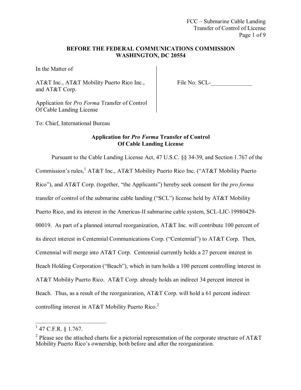 FCC – Submarine Cable Landing Transfer of Control of License Page 1 of 9