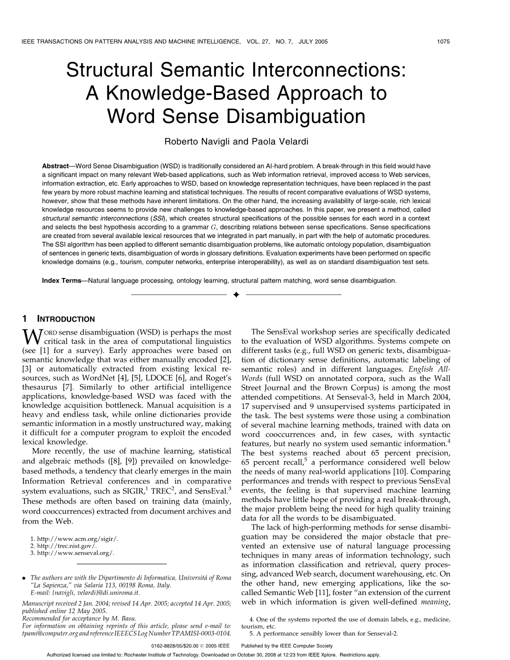 Structural Semantic Interconnections: a Knowledge-Based Approach to Word Sense Disambiguation