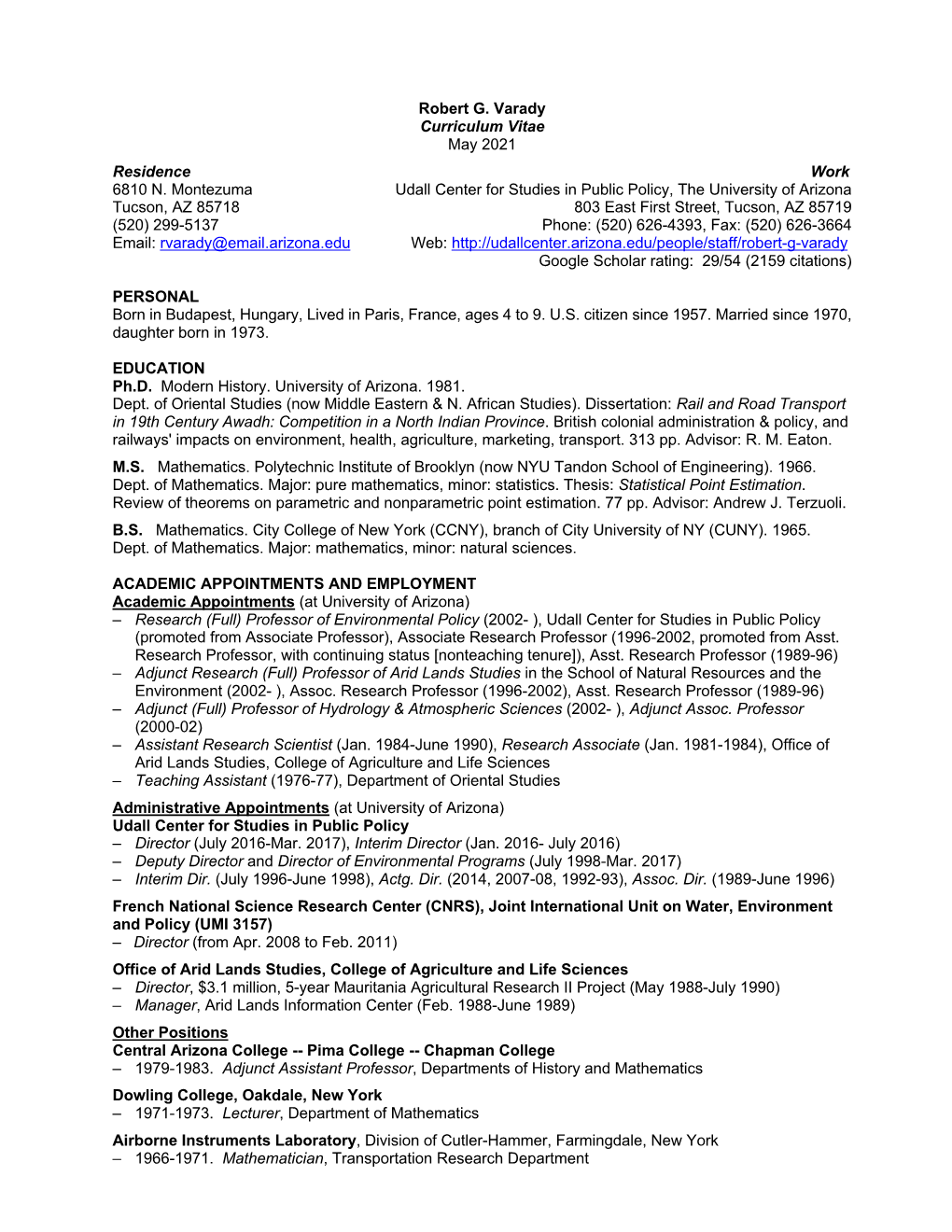 Robert G. Varady Curriculum Vitae May 2021 Residence Work 6810 N