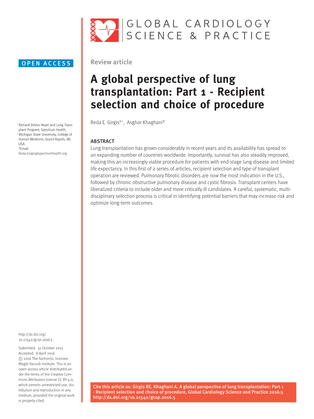 A Global Perspective of Lung Transplantation: Part 1 - Recipient Selection and Choice of Procedure