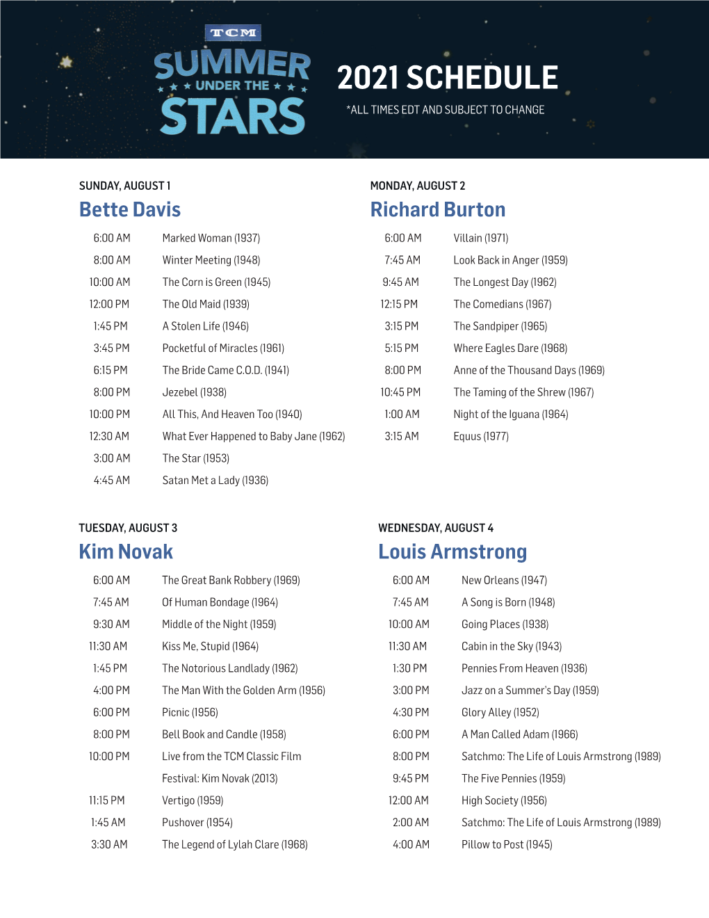 2021 Schedule *All Times Edt and Subject to Change