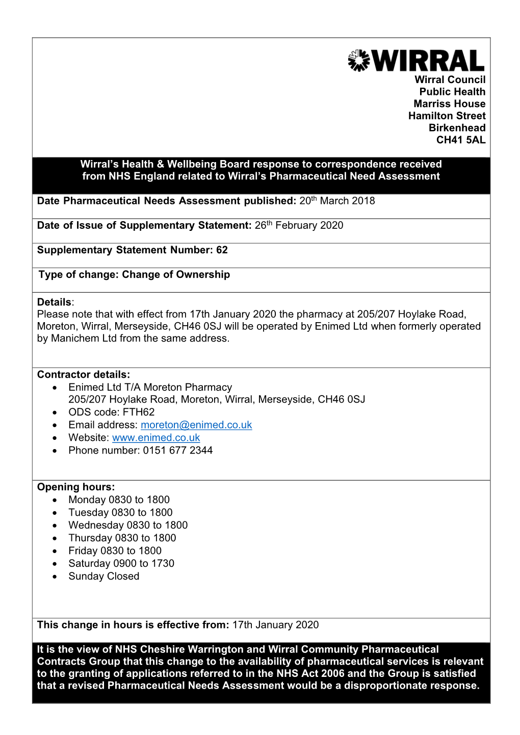 Supplementary Statement: 26Th February 2020