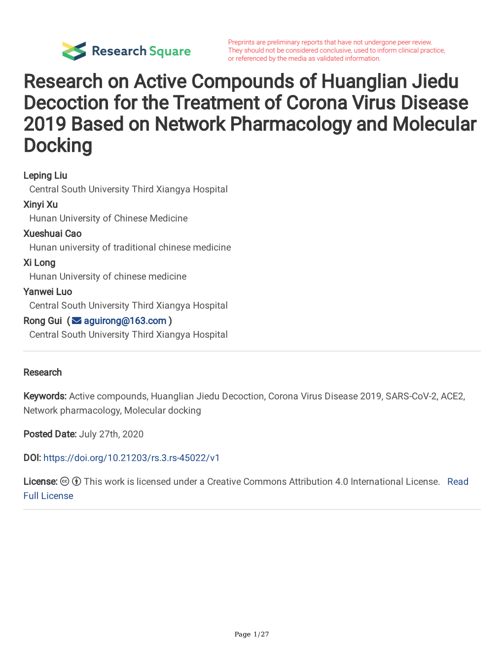Research on Active Compounds of Huanglian Jiedu Decoction for the Treatment of Corona Virus Disease 2019 Based on Network Pharmacology and Molecular Docking