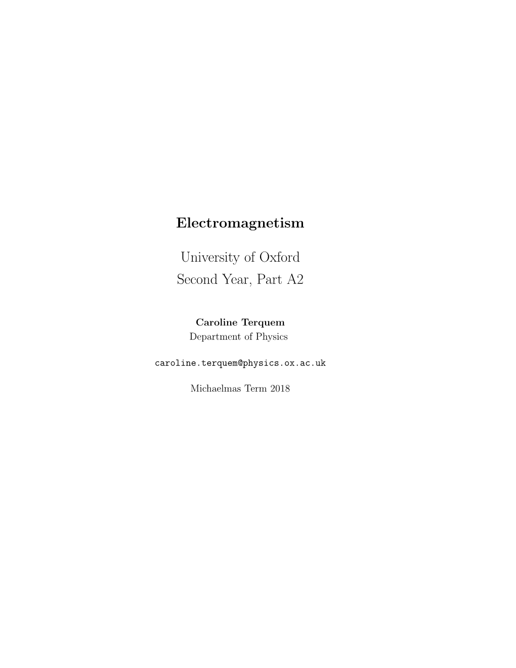 Electromagnetism University of Oxford Second Year, Part A2