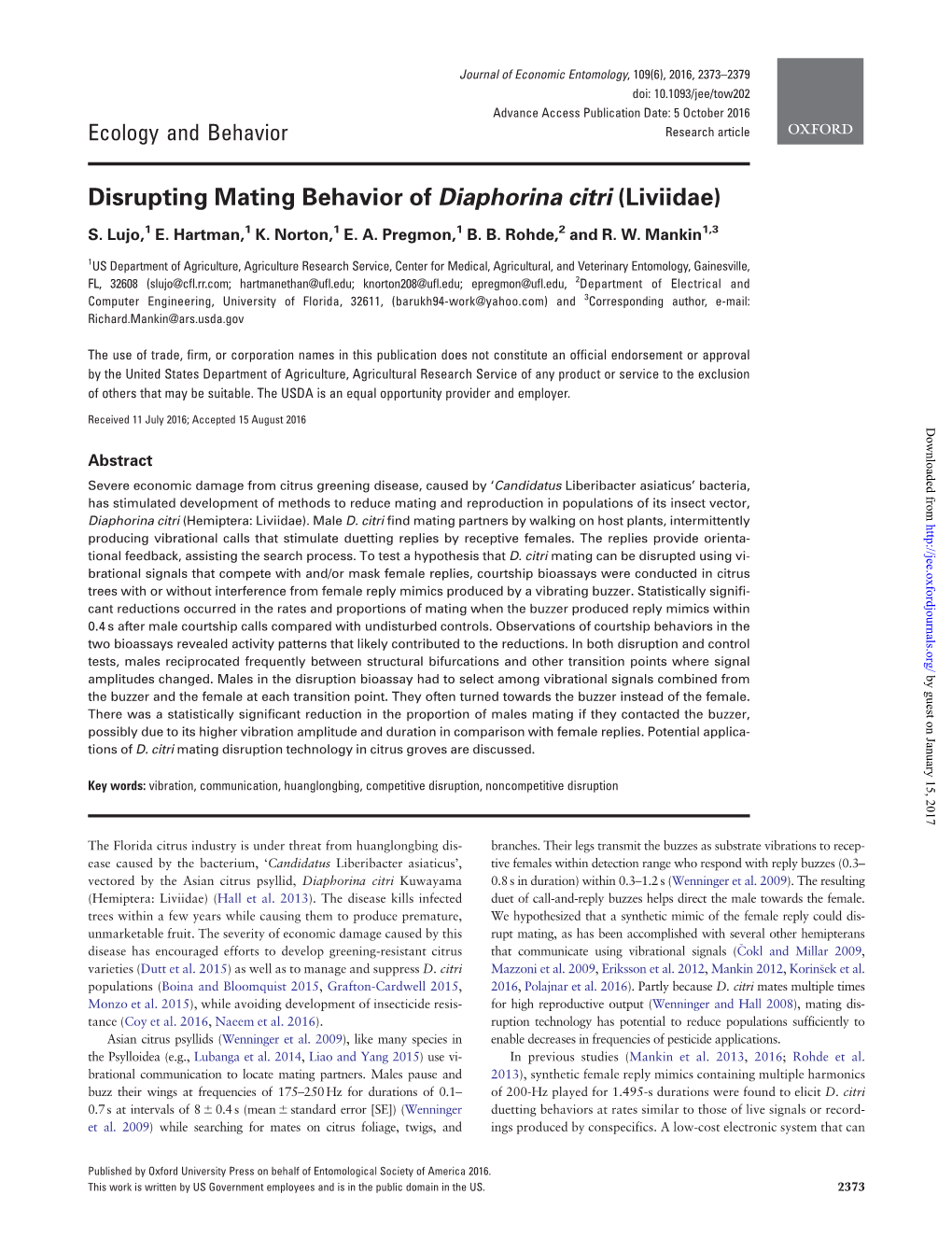 Disrupting Mating Behavior of Diaphorina Citri (Liviidae)