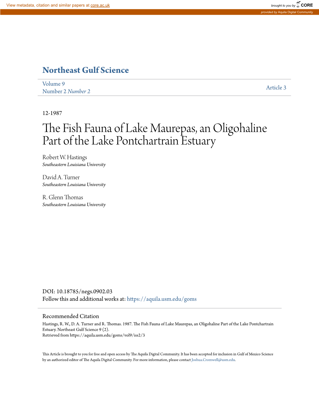 The Fish Fauna of Lake Maurepas, an Oligohaline Part of the Lake Pontchartrain Estuary