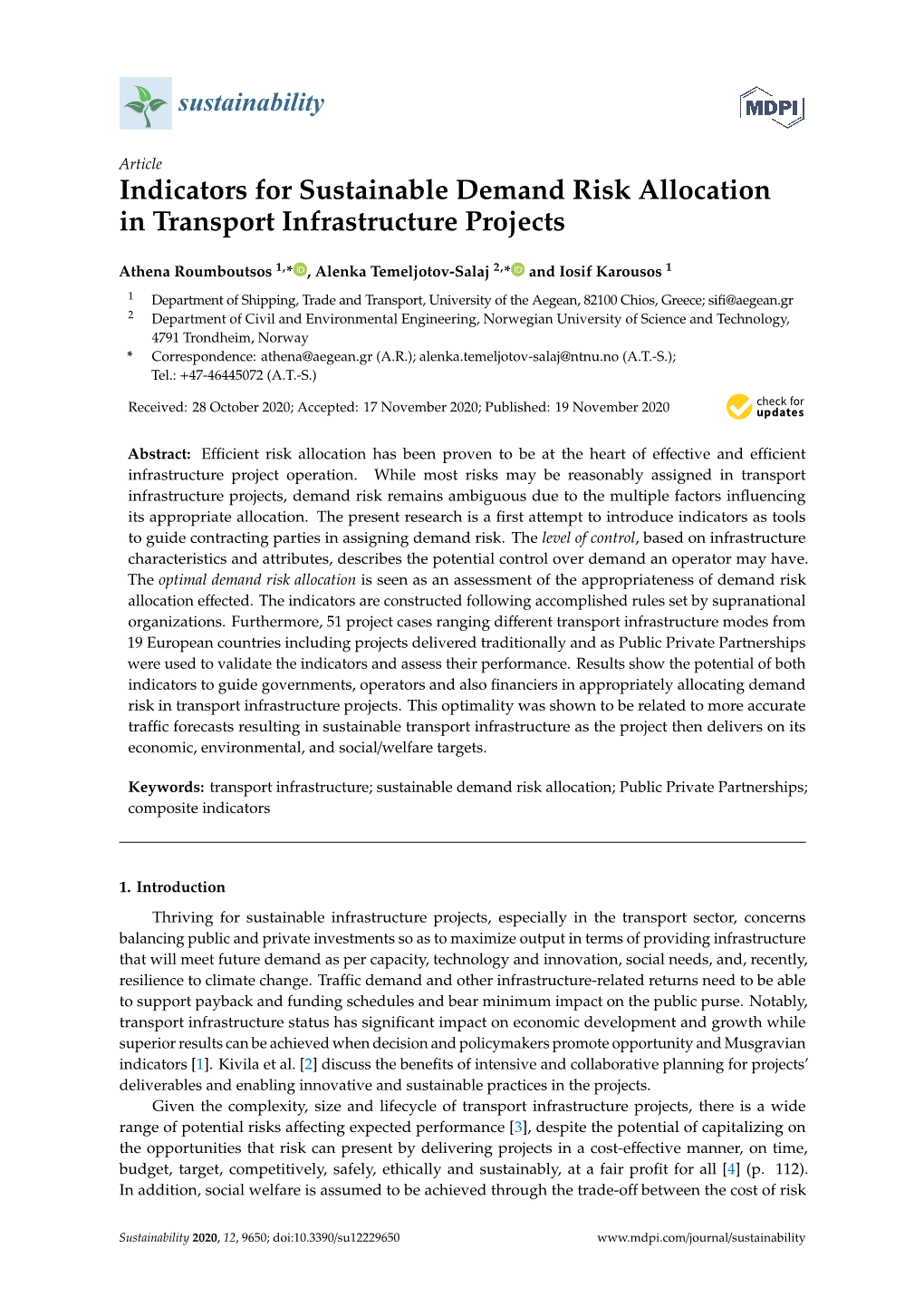 Indicators for Sustainable Demand Risk Allocation in Transport Infrastructure Projects