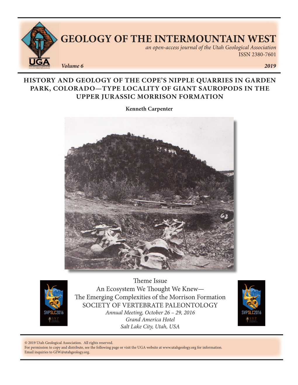 GEOLOGY of the INTERMOUNTAIN WEST an Open-Access Journal of the Utah Geological Association ISSN 2380-7601 Volume 6 2019