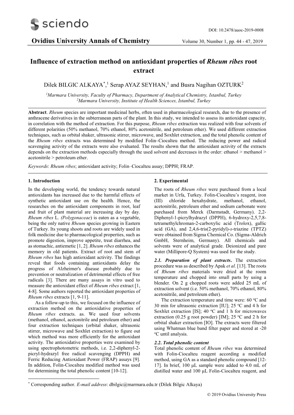 Ovidius University Annals of Chemistry Influence of Extraction Method on Antioxidant Properties of Rheum Ribes Root Extract