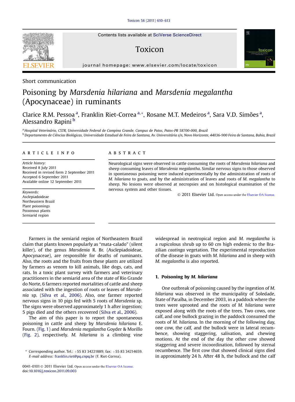 Poisoning by Marsdenia Hilariana and Marsdenia Megalantha (Apocynaceae) in Ruminants