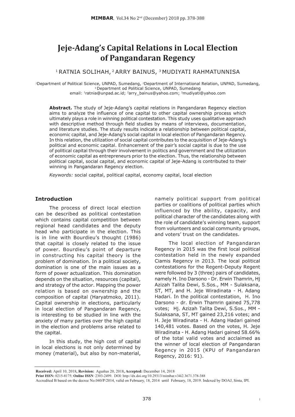 Jeje-Adang's Capital Relations in Local Election of Pangandaran Regency