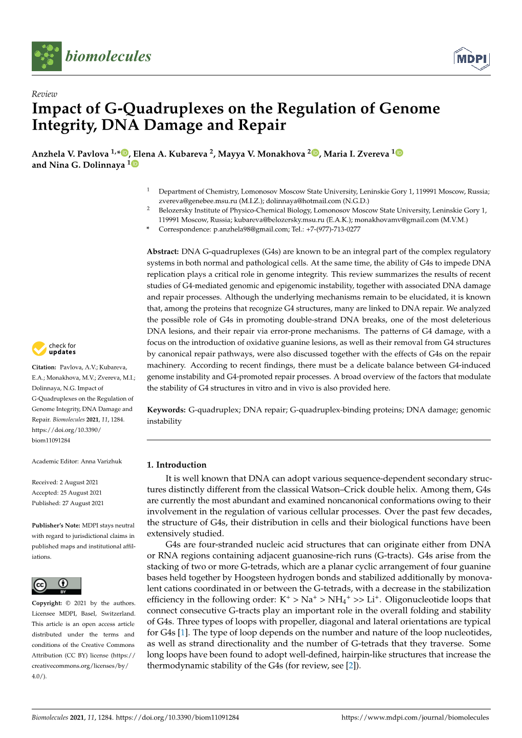 Impact of G-Quadruplexes on the Regulation of Genome Integrity, DNA Damage and Repair