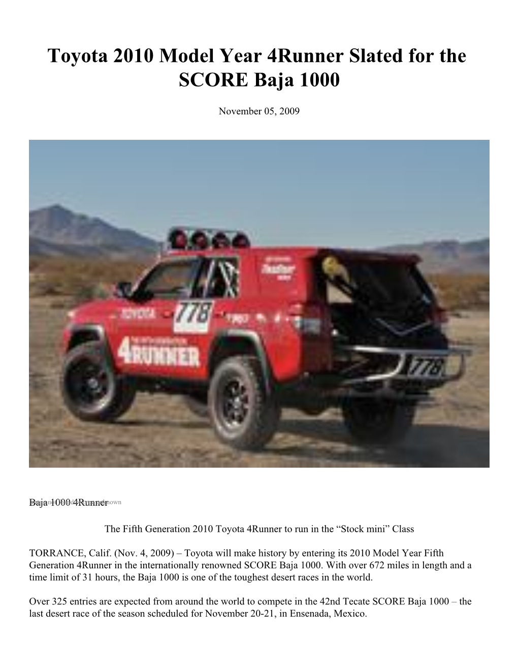 Toyota 2010 Model Year 4Runner Slated for the SCORE Baja 1000