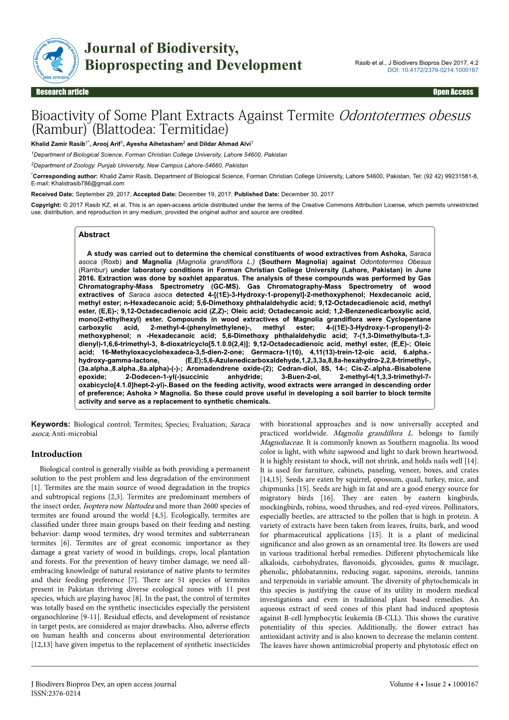 Bioactivity of Some Plant Extracts Against Termite Odontotermes