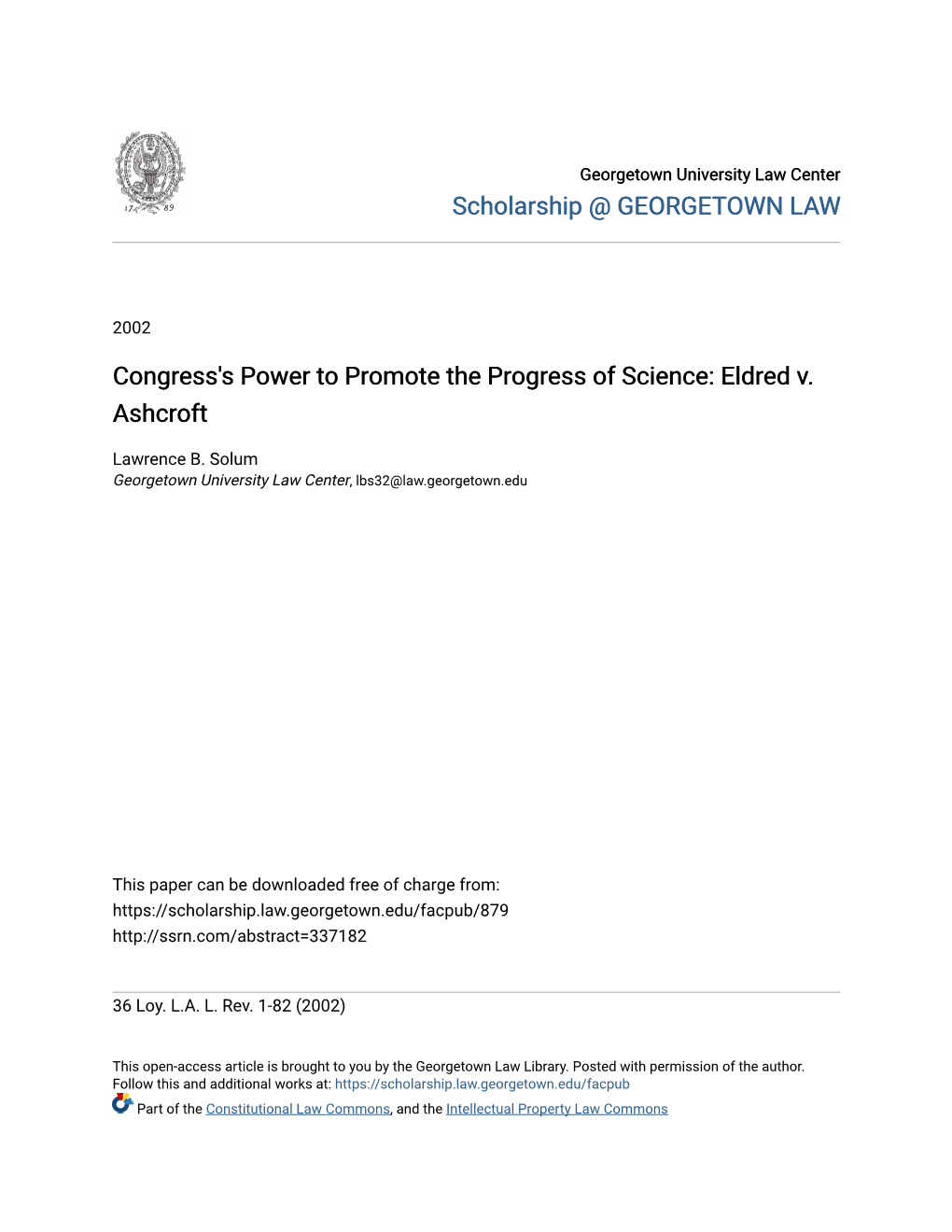 Congress's Power to Promote the Progress of Science: Eldred V. Ashcroft