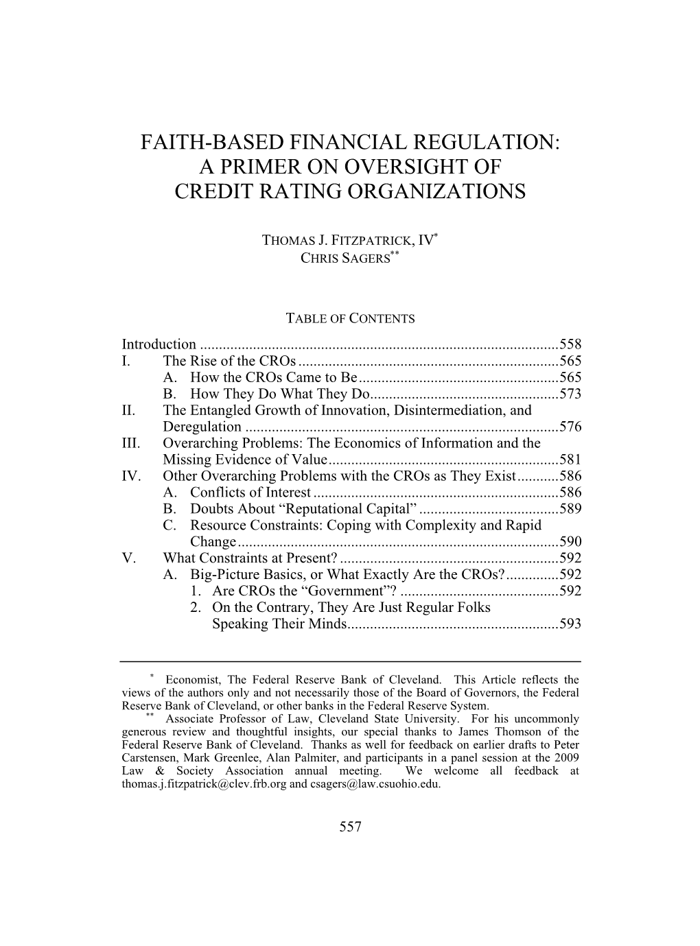 Faith-Based Financial Regulation: a Primer on Oversight of Credit Rating Organizations