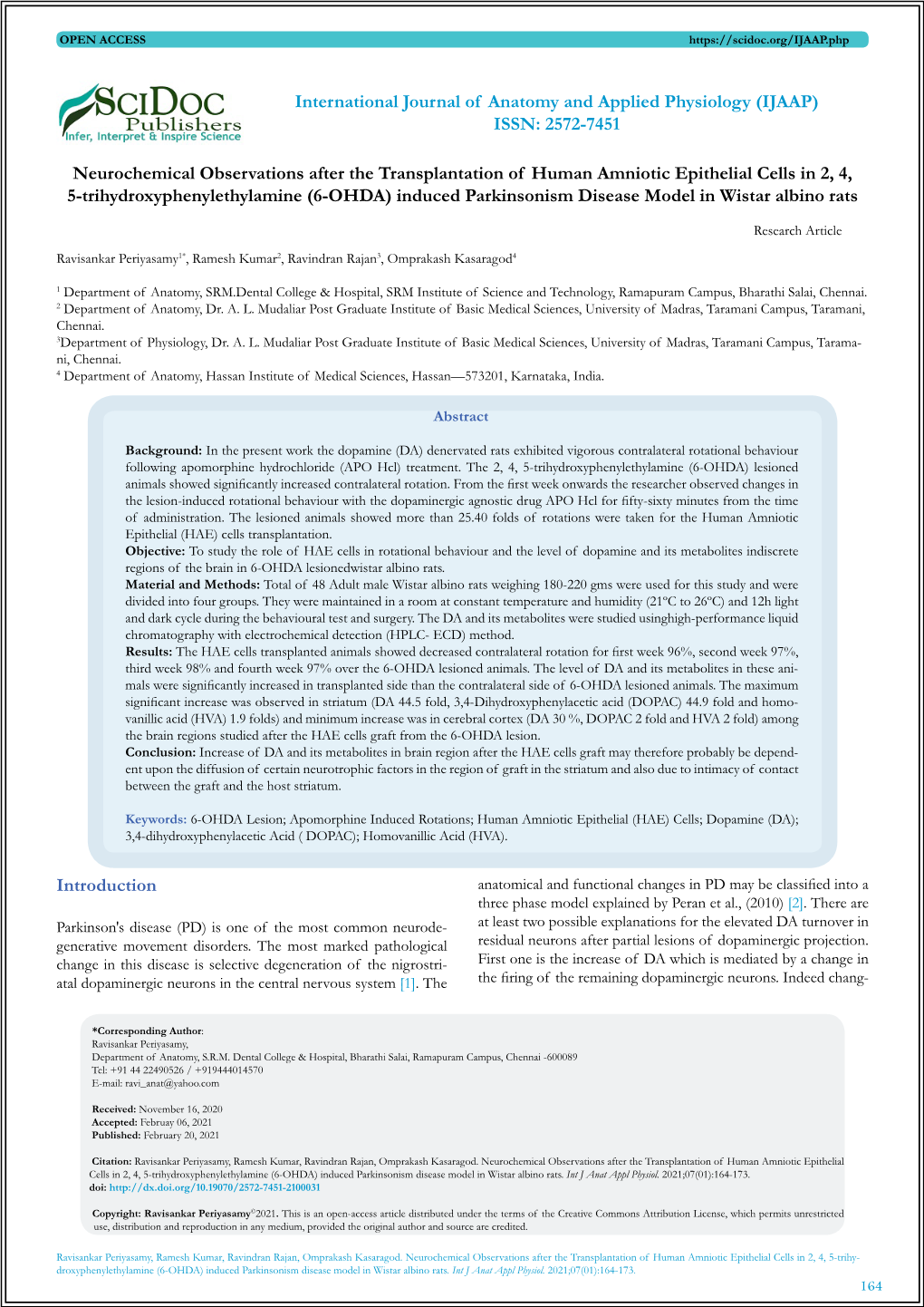 Neurochemical Observations After the Transplantation