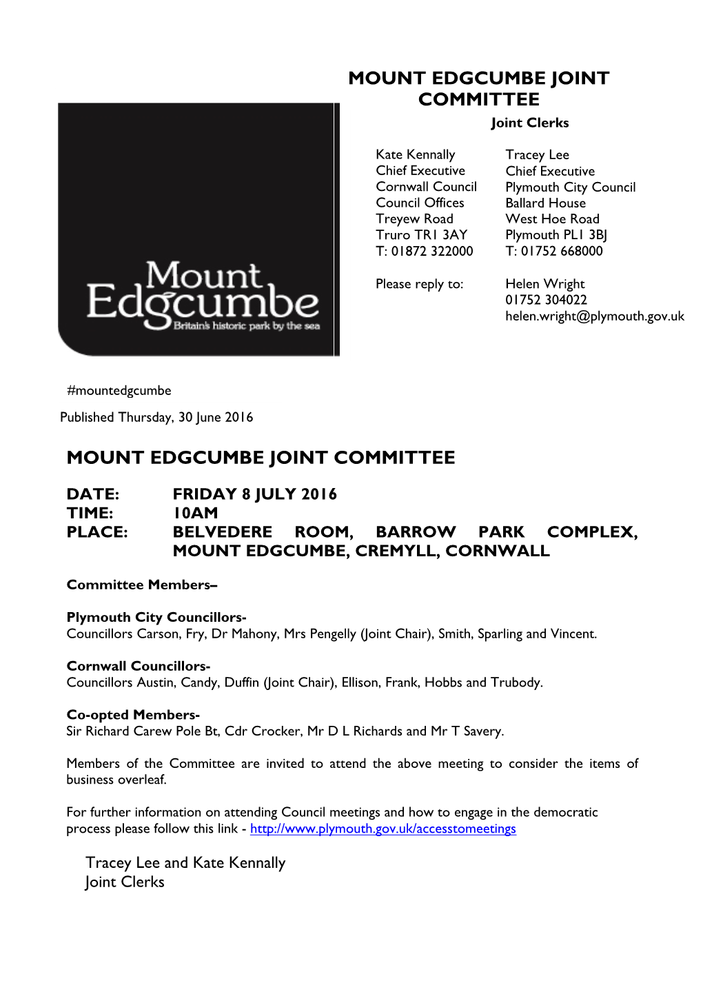 (Public Pack)Agenda Document for Mount Edgcumbe Joint Committee