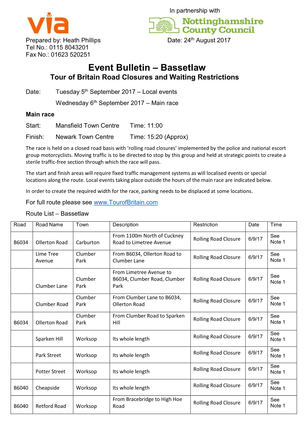 Event Bulletin – Bassetlaw Tour of Britain Road Closures and Waiting Restrictions