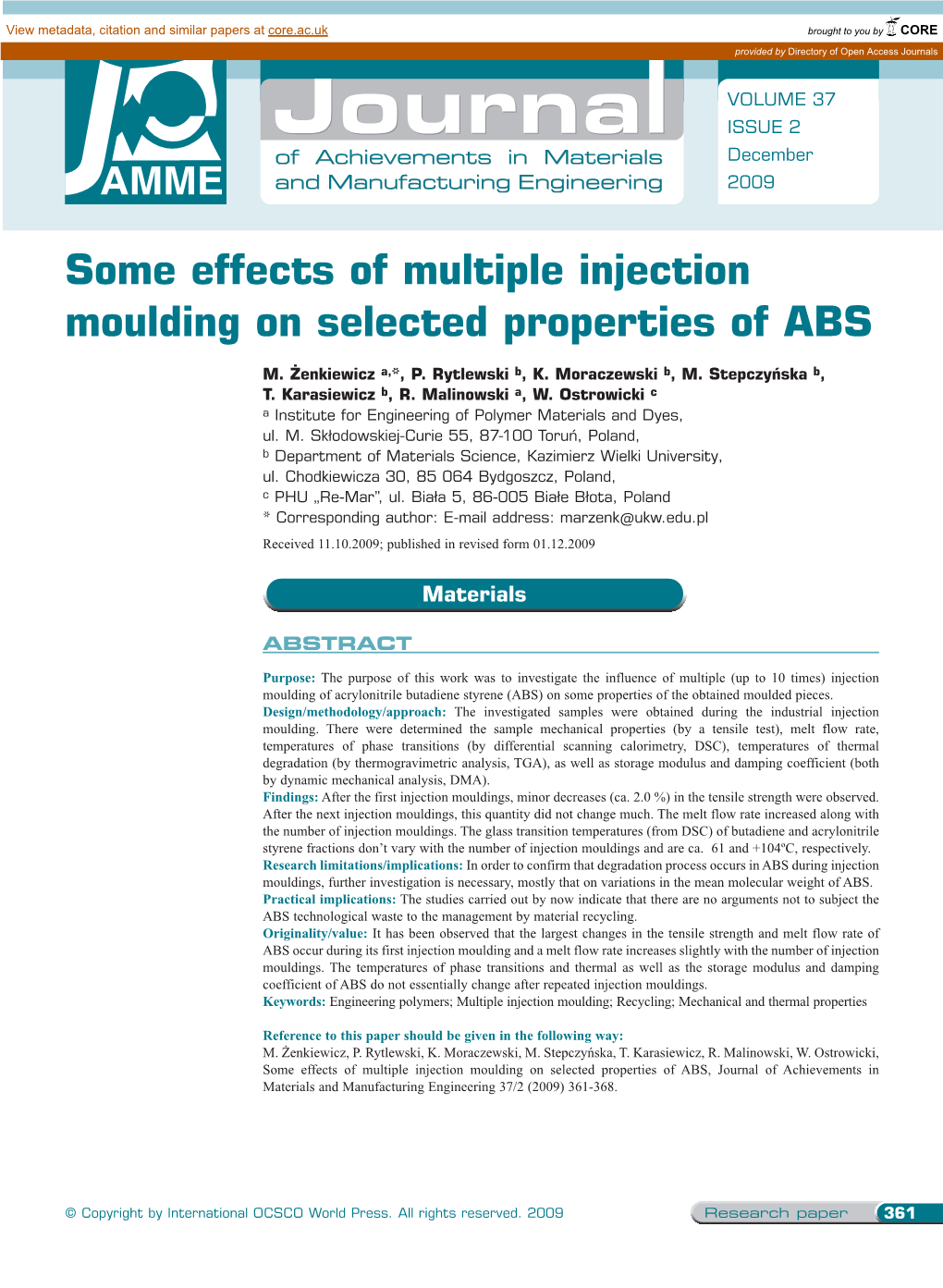 Some Effects of Multiple Injection Moulding on Selected Properties of ABS