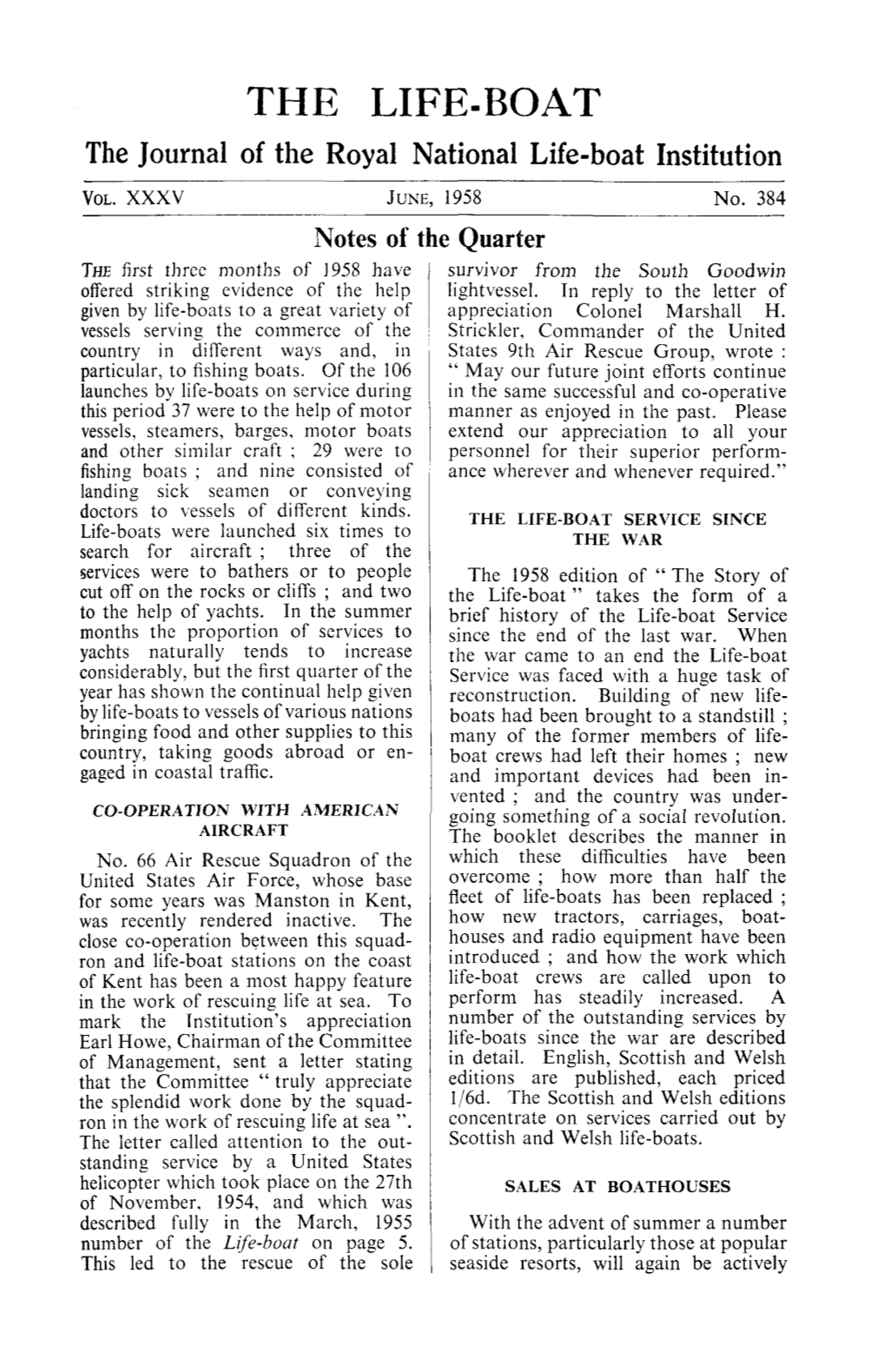 THE LIFE-BOAT the Journal of the Royal National Life-Boat Institution VOL