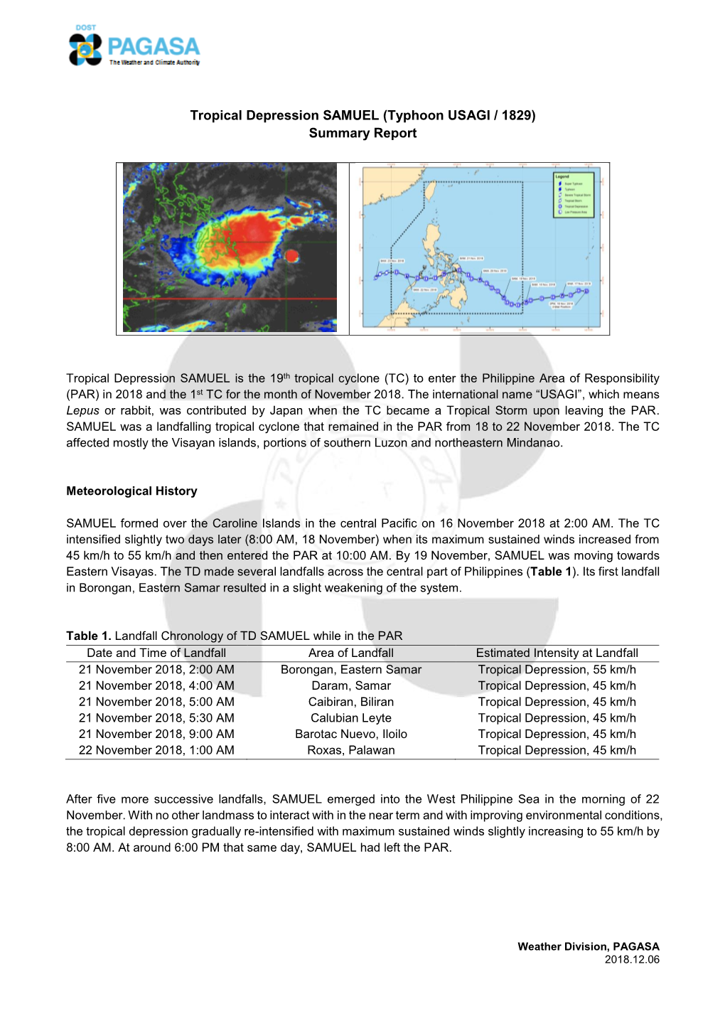 Tropical Depression SAMUEL (Typhoon USAGI / 1829) Summary Report