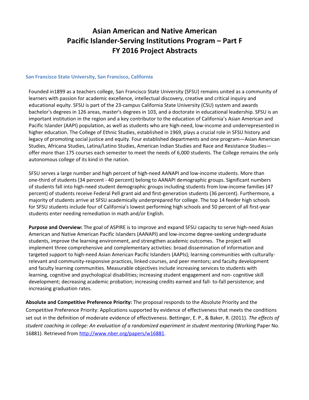 FY 2016 Project Abstracts Under the Asian American and Native Americanpacific Islander-Serving