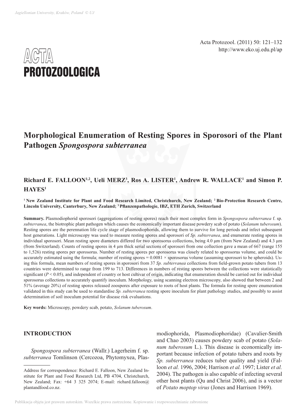 Morphological Enumeration of Resting Spores in Sporosori of the Plant Pathogen Spongospora Subterranea