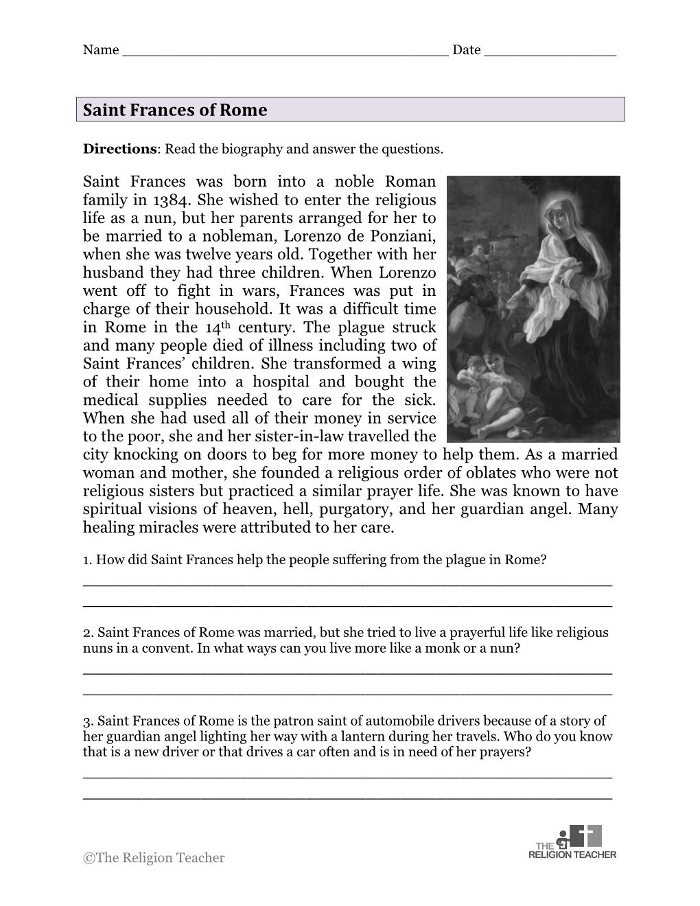 St. Frances of Rome Worksheet