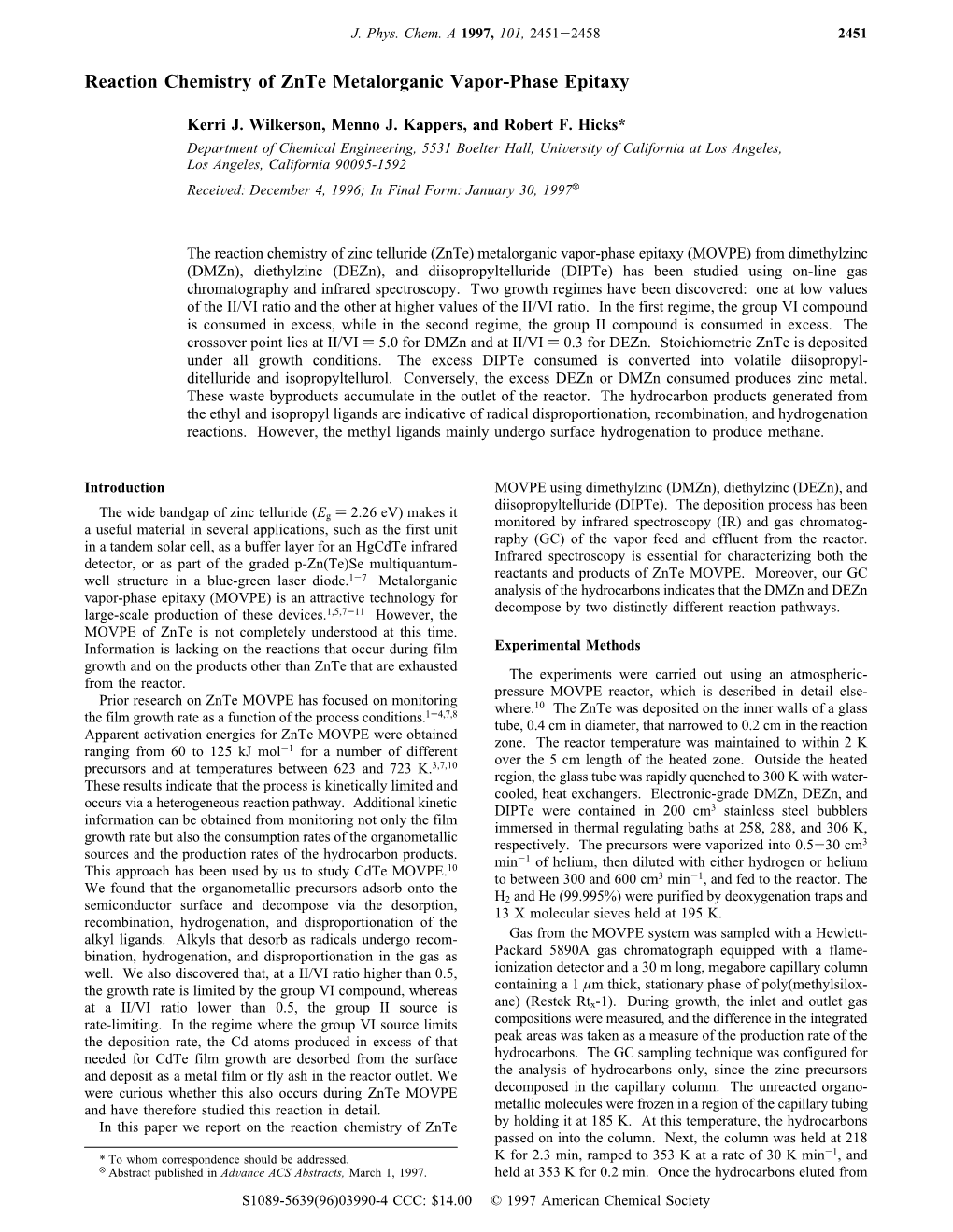 Reaction Chemistry of Znte Metalorganic Vapor-Phase Epitaxy