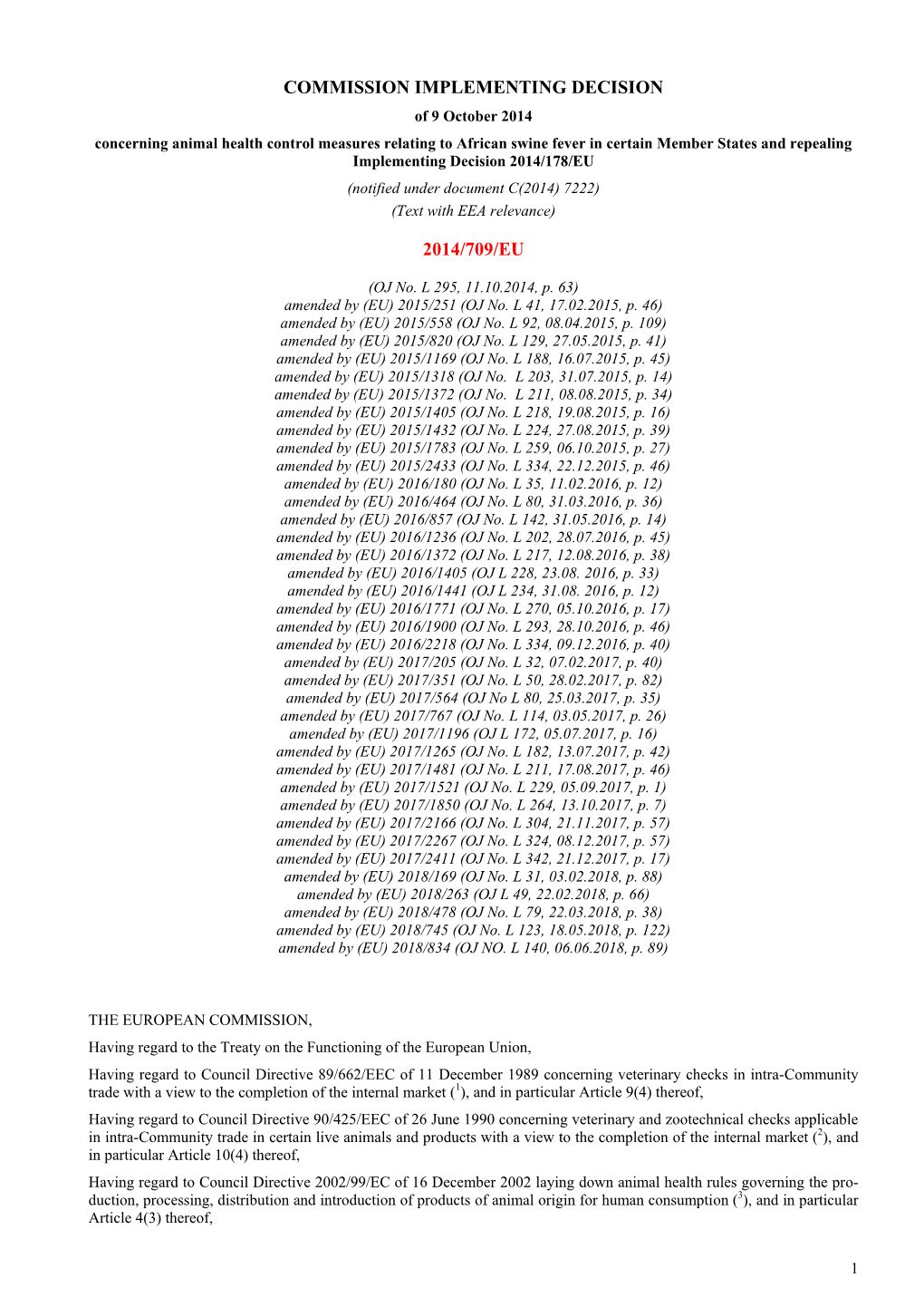 Commission Implementing Decision 2014/709/EU Lays Down Animal Health Control Measures in Relation to African Swine Fever in Certain Member States