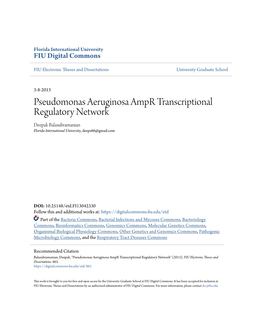 Pseudomonas Aeruginosa Ampr Transcriptional Regulatory Network Deepak Balasubramanian Florida International University, Deeps66@Gmail.Com