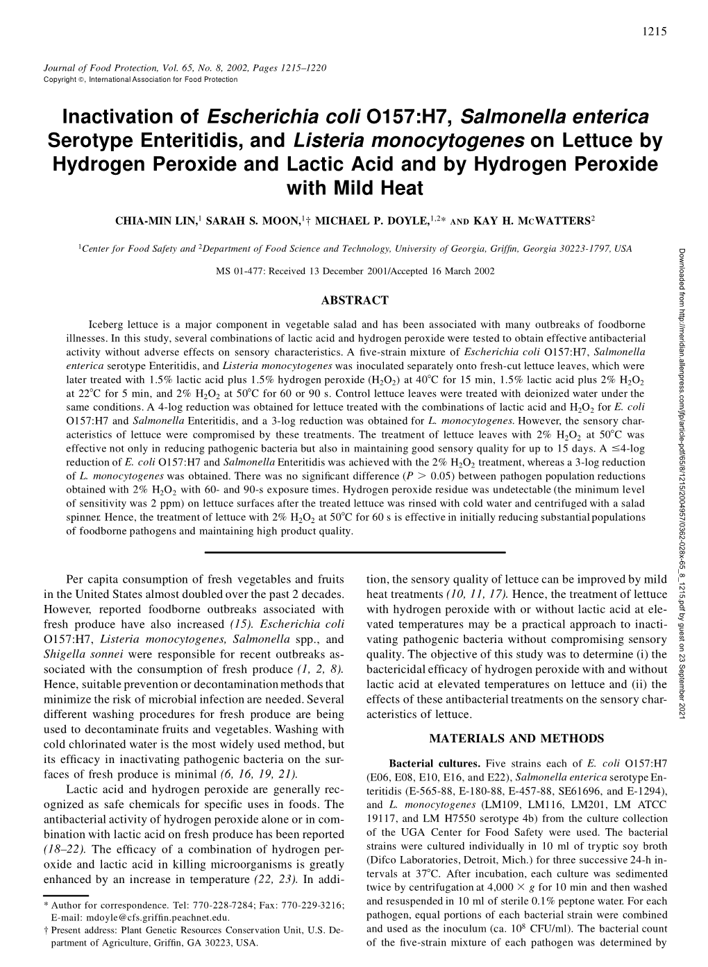 Inactivation of Escherichia Coli O157:H7, Salmonella Enterica