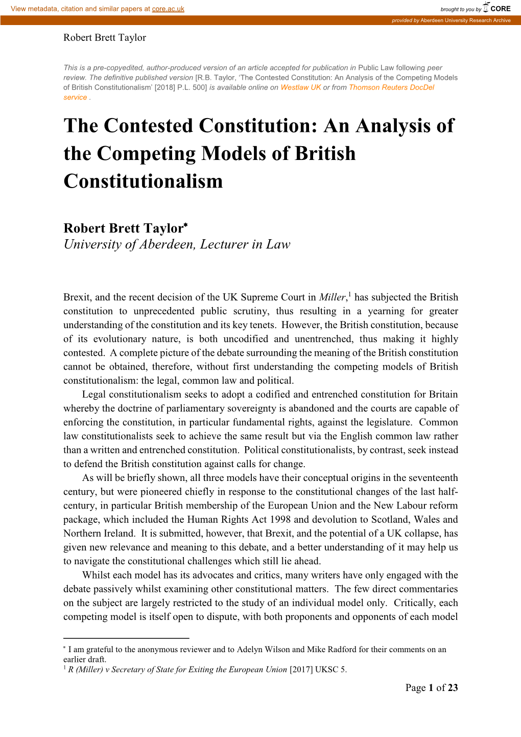 An Analysis of the Competing Models of British Constitutionalism’ [2018] P.L