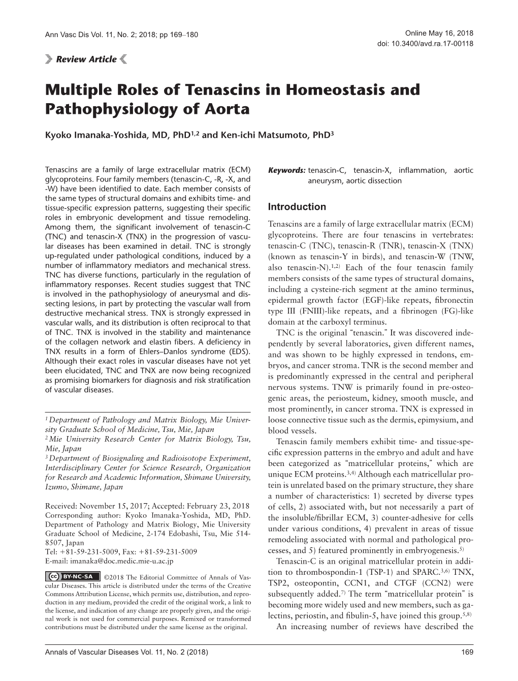 Multiple Roles of Tenascins in Homeostasis and Pathophysiology of Aorta