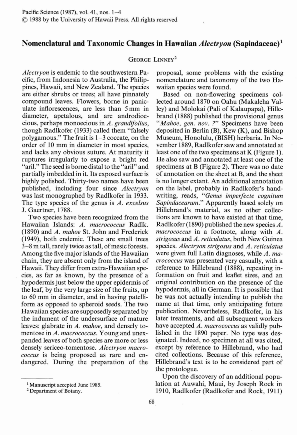 Nomenclatural and Taxonomic Changes in Hawaiian Alectryon (Sapindaceae)!