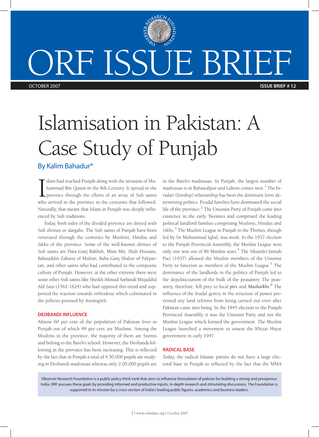 Islamisation in Pakistan: a Case Study of Punjab by Kalim Bahadur*