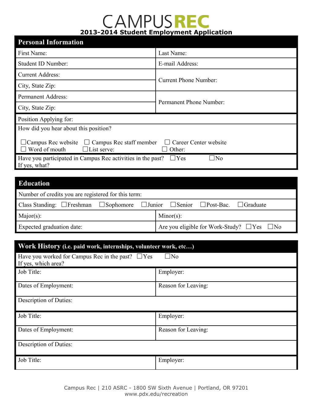 2013-2014 Student Employment Application