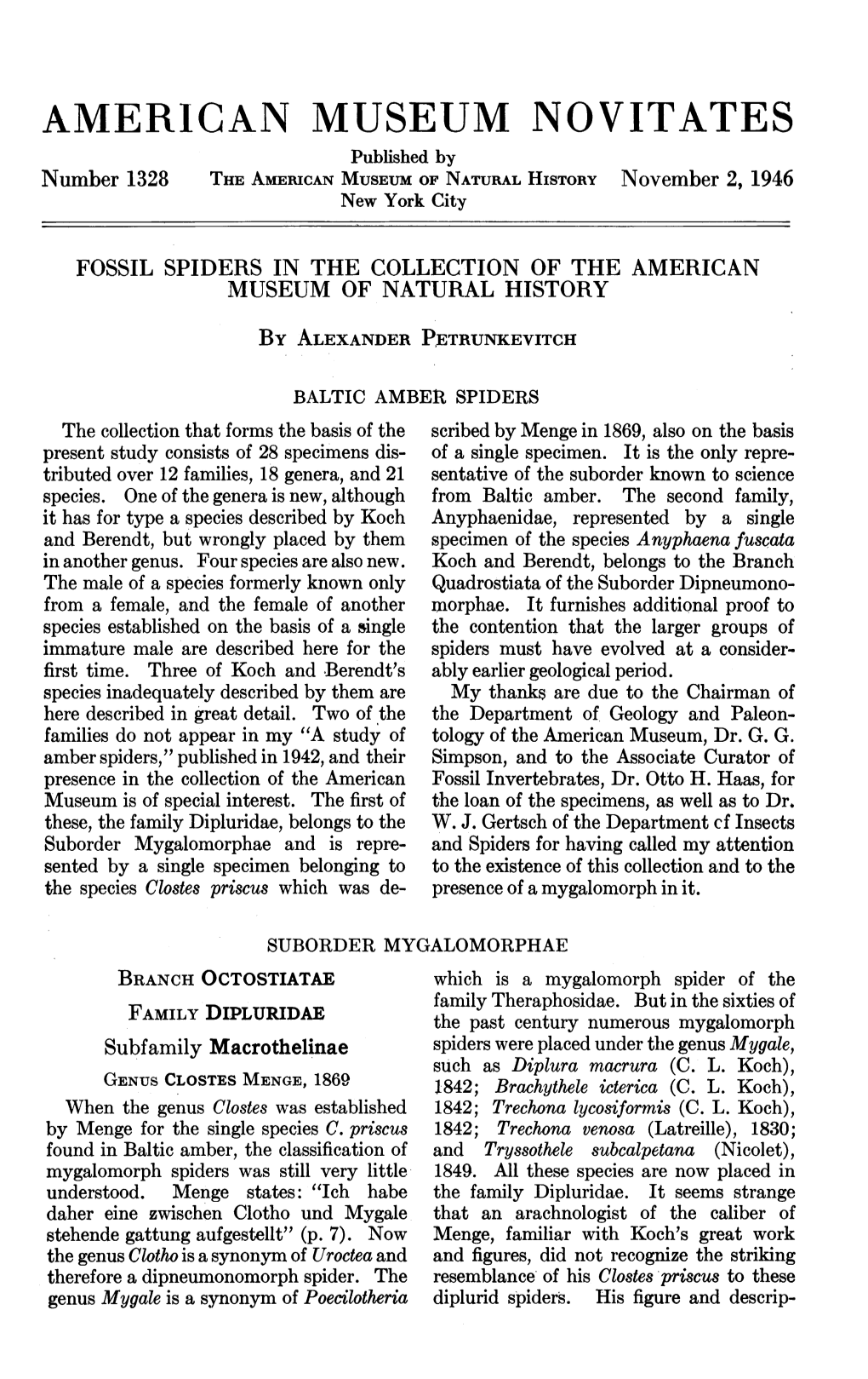AMERICAN MUSEUM NOVITATES Published by Number 1328 the AMERICAN MUSEUM of NATURAL HISTORY November 2, 1946 New York City