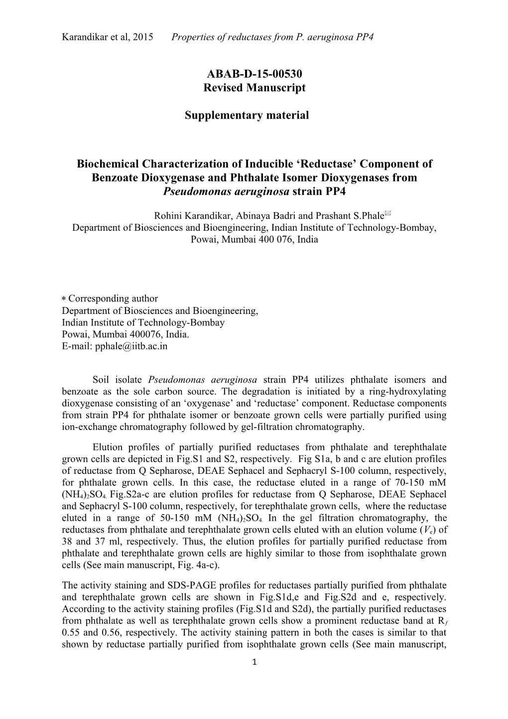 Karandikar Et Al, 2015 Properties of Reductases from P. Aeruginosa PP4