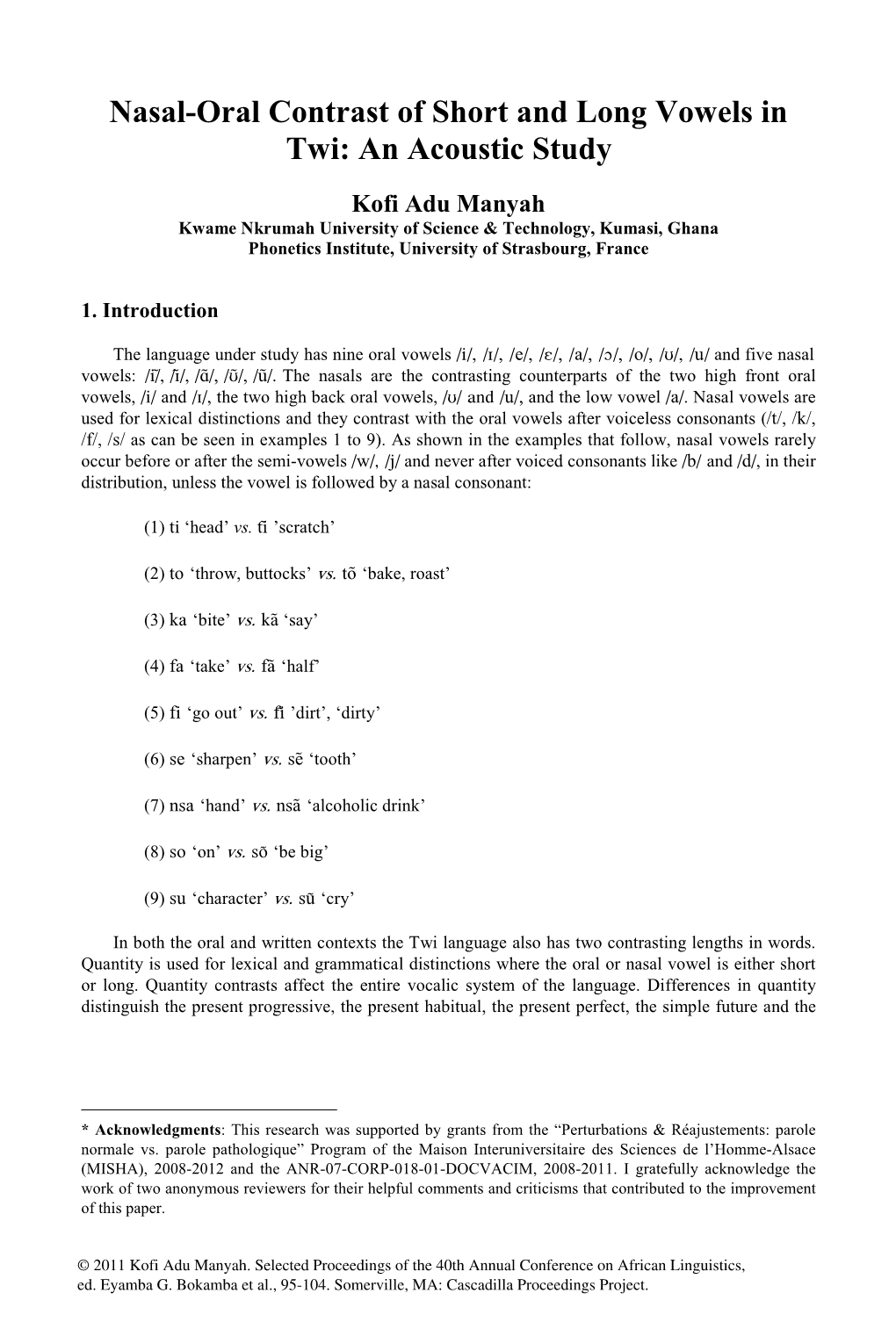 Nasal-Oral Contrast of Short and Long Vowels in Twi: an Acoustic Study